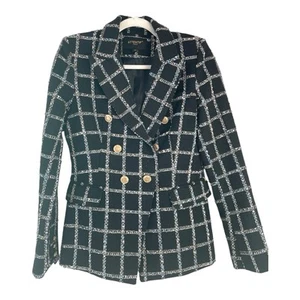 Blazer Single Breast Attentif Black Blue Check Faux Gold Buttons Pockets Size M - Picture 1 of 24