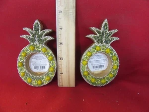 386. PIER 1 Tea Light Candle Holders Set of 2 Green Yellow Pineapples Gold Trim - Picture 1 of 3