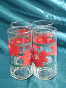 4 Vintage Gibson Red Poinsettia Green Stripe Christmas Holiday Poinsettia Glass - Picture 1 of 7