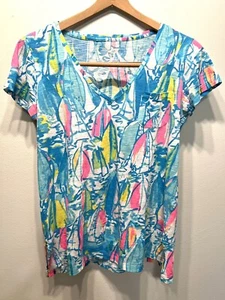 Lilly Pulitzer Womens Size XS Colorful Sailboat T Shirt Top Short Sleeve Pocket - Picture 1 of 5