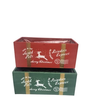 Merry Christmas Wooden Trough Planter Reindeer Express North Pole Postal Design - Image 1 of 4