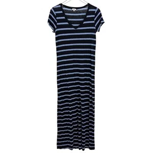 Espléndido Maxi Vestido a Rayas Negro y Azul Talla Mediana Cuello en V Elastizado Largo EE. UU. - Imagen 1 de 10