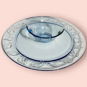 Vintage Indiana Glass 13" chip deep plate and bowl set blue glass floral leaf - Picture 1 of 6