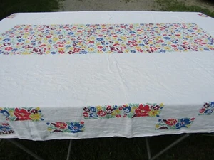 Vintage Print Tablecloth Red Blue Yellow Brown Flowers 66" x 102" Damage TC152 - Picture 1 of 23