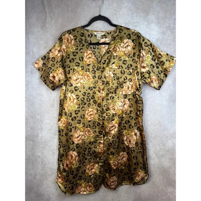 Camisa para dormir vintage Vanity Fair con estampado floral de leopardo manga corta satinado talla mediana Foto 1 de 4