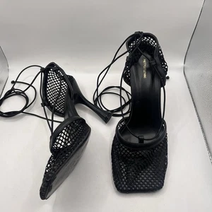 Pretty Little Thing Fishnet Mesh Wrap Around Black Square Toe Heel Pump Size 5 - Picture 1 of 9