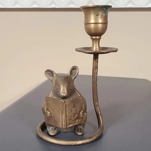 Vintage Charming Brass Mouse Candle Holder Reading Book - Picture 1 of 4
