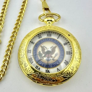 Presidential Seal Pocket Watch Gold Tone Roman Numerals Chain Fob Hunter 47mm - Picture 1 of 9