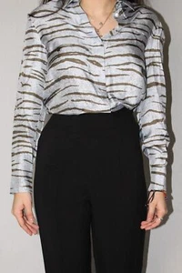 $930 NEW W/TAGS Salvatore Ferragamo Blue/Gray Striped Silk Tunic Blouse Size 40 - Picture 1 of 8