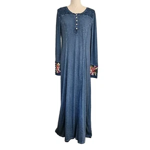 Soft Surroundings Anneli Embroidered Sleeves Blue Maxi Dress Size M - Picture 1 of 8
