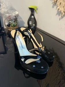 DOLCE & GABBANA Womens Platform Heels Black and Blue Flowers Strap Size 37.5 - Picture 1 of 5