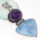 Owhyee Blue Opal Natural Amethyst 925 Silver Plated Long Pendant 2.3" Gifts GW