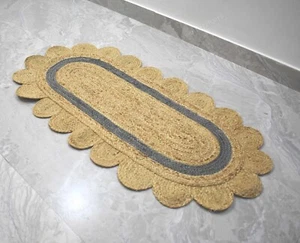 Jute Teppich Oval mit Jakobsmuscheln Handarbeit Rustikale Optik Bodenteppich/Matte - Beige+Blau - Bild 1 von 5