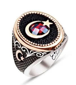 925 Sterling Silver Mens Ring, moon and star - Picture 1 of 4
