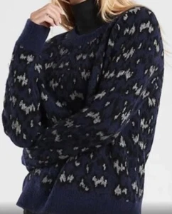 Athleta Hawthorn Women’s 2X Sweater Navy Animal Print Merino Wool Soft Cozy - Picture 1 of 14