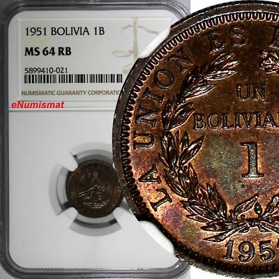 BOLIVIA Bronze 1951 1 Boliviano NGC MS64 RB 1 YEAR TYPE KM# 184 (021) - Image 1 of 4