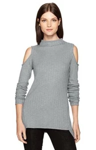 Kensie Women's Gray Large Cold Shoulder Ribbed Mock Neck Blouse Thin Long Sleeve - Picture 1 of 2