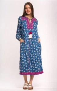 Vestido túnica bordado rosa floral azul estampado bloque cielo nocturno J Crew M sin cinturón - Imagen 1 de 11