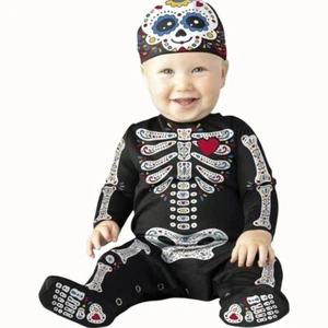 Infants Sugar Skull Skeleton Jumpsuit Cap Halloween Costume 0-6 Months Black NEW - Picture 1 of 7