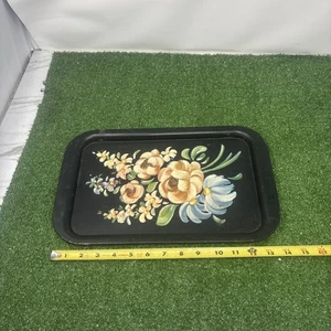 Vintage 1950's Toleware Tole Metal Serving Tray Black Floral 9" x 14" Retro MCM - Picture 1 of 4