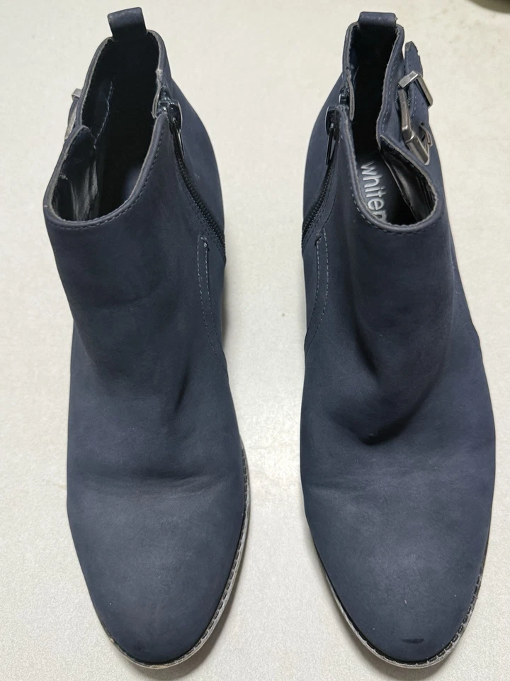 White Mt. Navy Blue Ankle Boots Women’s Sz 8 Buckle Side Zip Block Heel Booties - Image 1 of 4