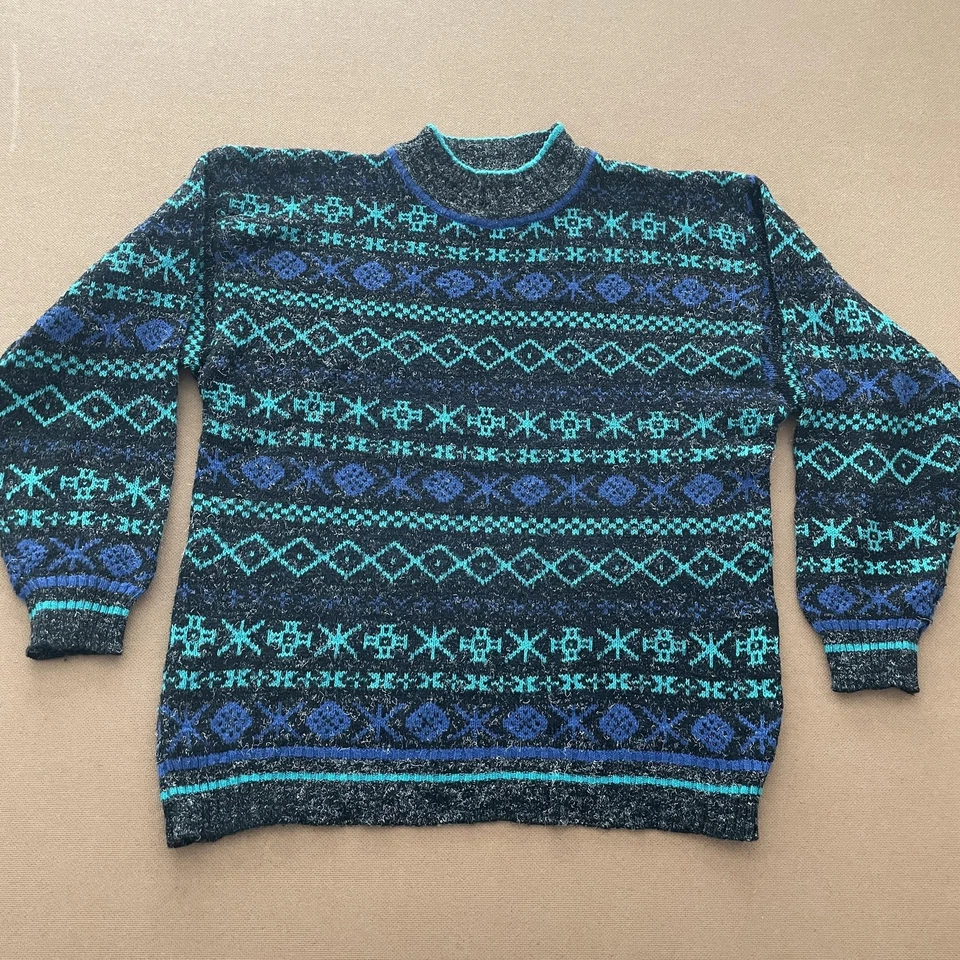 Suéter masculino vintage Santana Ltd grande preto azul-petróleo Fair Isle gola redonda anos 90 - Imagem 1 de 4