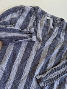 Old Navy Damen Bluse Leinenmischung gestreift Schlitzausschnitt blau weiß Langarm M - Bild 1 von 11