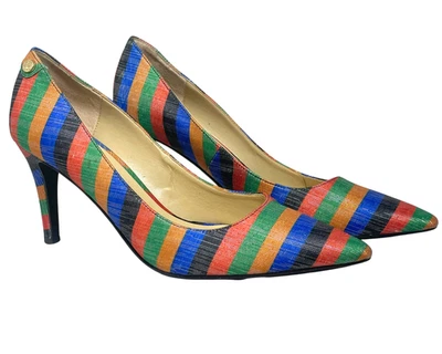 J Renee Sz 9 Pointed Toe Pumps 3" Heel Kwanzaa~Mardi Gras Colorful Stripe Fabric - Image 1 of 4