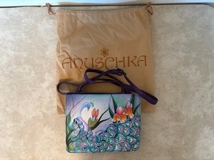 Anna ANUSCHKA Women's Leather Hand Painted Midnight Peacock Crossbody Bag - Picture 1 of 19