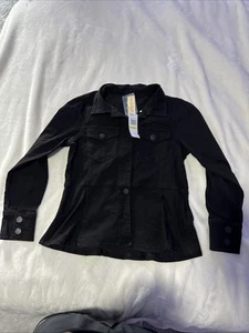 NWT Democracy Jacket Black Denim Collared Buttons Raglan Sleeve Pockets Size M - Picture 1 of 11