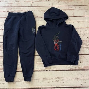 Polo Ralph Lauren Hoodie Sweatpants Boys Kids Sz 8 Navy Plaid Big Pony Patchwork - Picture 1 of 11