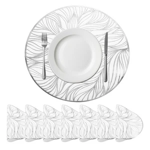 Seaweed Shaped Placemats Set of 8 Round Vinyl Pressed Placemats, White/Silver - Picture 1 of 6