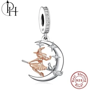 Witch Moon Cat Charm 925 Silver Rose Gold Broomstick Stars Dangle Halloween Gift - Picture 1 of 4