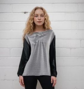 ASOS LEATHER SLEEVE HEATHERED GREY KNIT TOP SZ 14 - Picture 1 of 5