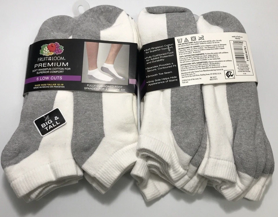 Meias masculinas Fruit of the Loom premium corte baixo, GG, branco com cinza, lote de 12 pares - Imagem 1 de 1