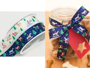 Snow Dog Christmas Satin Ribbon by Berisfords UK Width 25mm 80979 - Picture 1 of 5