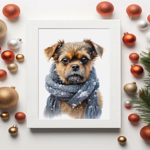 Border Terrier in a Winter Scarf Print, Watercolour Painting, Pet Portrait - Picture 1 of 10