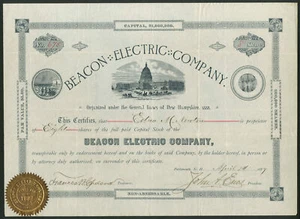 USA: Beacon Electric Co., $5 shares, Portsmouth, New Hampshire, 1889 - Picture 1 of 1