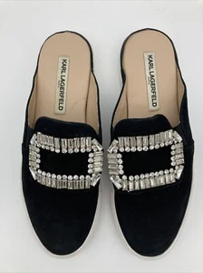 KARL LEGERFELD mules de ante negro con hebilla RHINESTONE Talla 8 B - Imagen 1 de 6