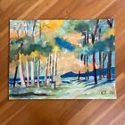 Aquarelle originale peinture arbres de voyage eau coucher de soleil 16x12