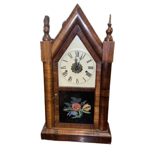 Antique Ansonia Gothic Steeple Alarm Clock With Floral Painting Cover