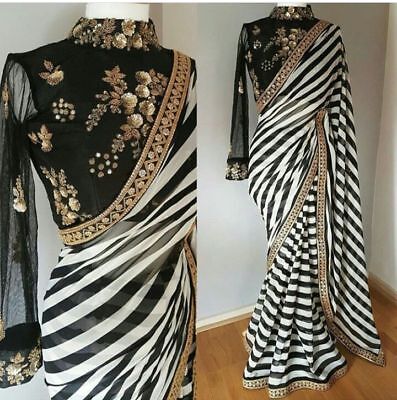 Black & White Indian Bollywood Designer Georgette Saree Embroidery Sari Dress NW • 42.94€