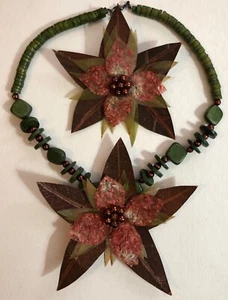 Dante Handmade Real Leaf Necklace & Brooch Green Brown Bronze VGC - Picture 1 of 7