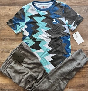 NWT Nike Air Jordan Boys YLG Gray/Black/Blue Print Textured Jogger Set Large - Picture 1 of 3