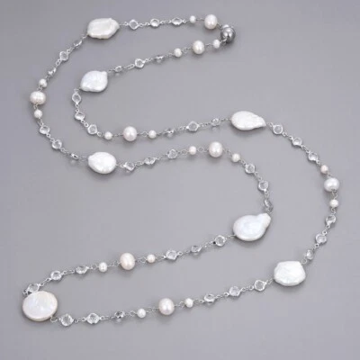 Collar Largo Cadena Pavé Circonita Circonita Chapado en Oro Blanco Perla Keshi Blanca Cultivada 42" Foto 1 de 4