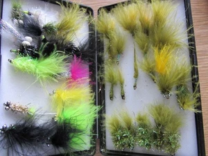 Box  of 32 assorted  Trout Salmon Fishing flies - Picture 1 of 1