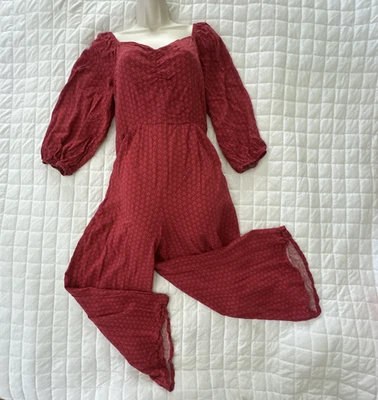KNOX ROSE Jumpsuit Womens Medium Red Cropped Wide Leg Smocked Balloon Sleeve - Image 1 of 4