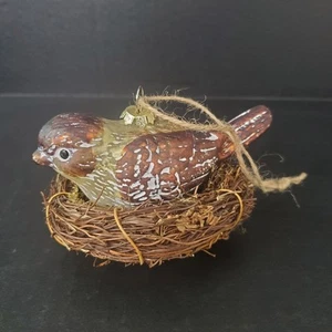 Pottery Barn Glass Bird in Nest Ornament Brown Woodland 5" Gold Detail - Picture 1 of 9