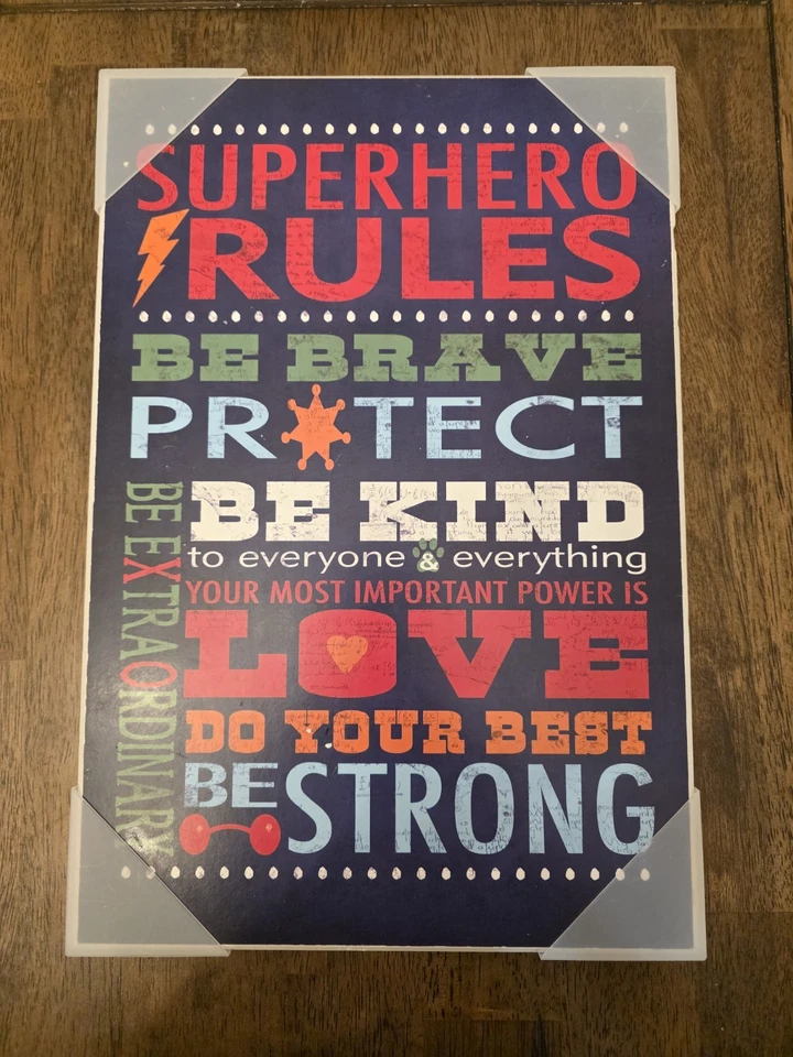 Decoração masculina The Kids Room by Stupell azul escuro regras de super-herói 15x10 - Imagem 1 de 4