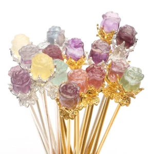 Fluorite Flower Fruits Natural Stone Crystal Quartz Carved Hairpin Reiki Healing - Picture 1 of 30
